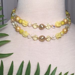 Vintage Double Strand Yellow Aurora Borealis Necklace